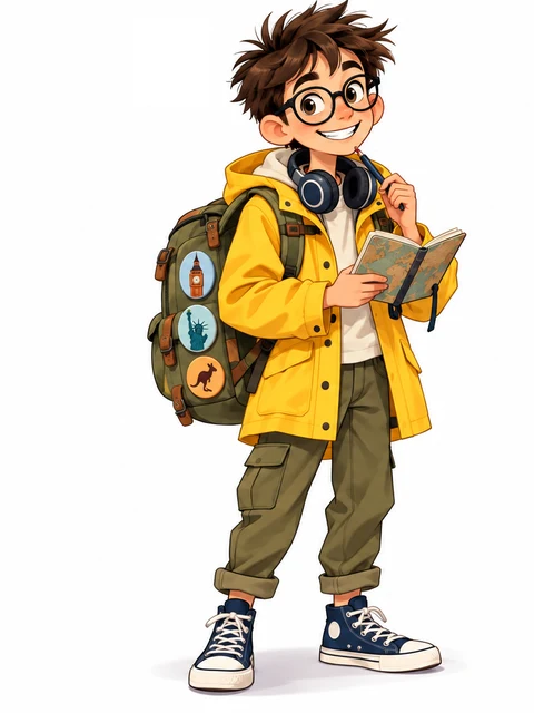 Le voyageur d'Anglais PDF en ciré jaune, carnet de voyage à la main